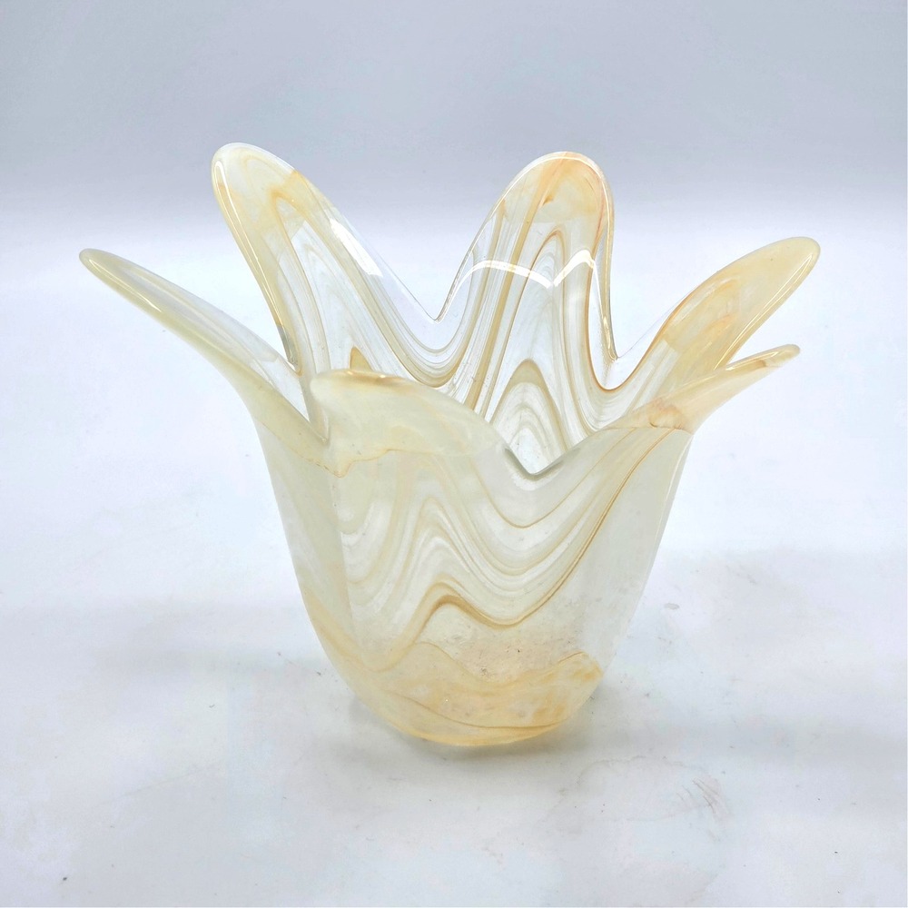 Murano Italy Style Lavorazione Art Glass Vase Votive Yellow Swirl